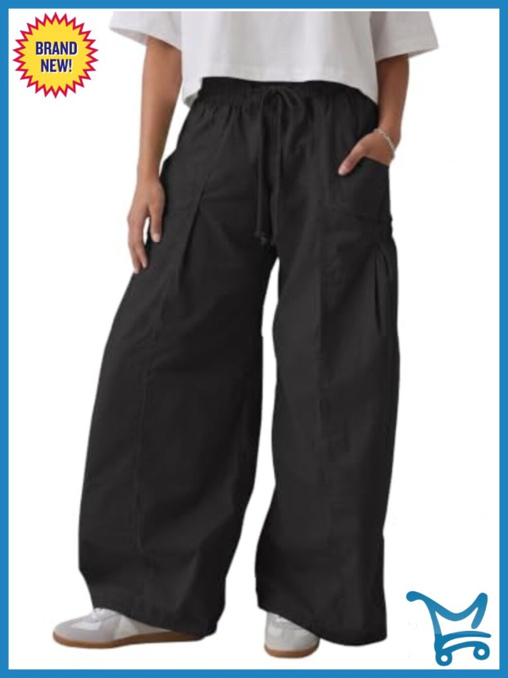 Wide Leg Cargo Pants Cotton Blend High Rise Drawstring Women's
